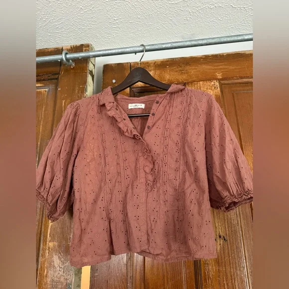 NATURAL LIFE Clay Embroidered Button Blouse with Collar - Picture 1 of 4